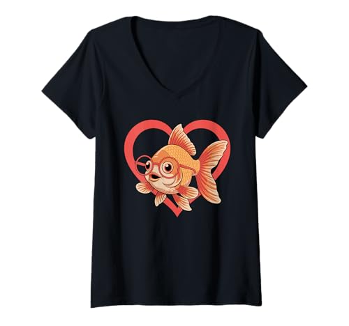 Damen Herz Goldfisch Brille T-Shirt mit V-Ausschnitt Damen Herz Goldfisch Brille T-Shirt mit V-Ausschnitt von Fishkeeper Goldfish Fishkeeping Gifts