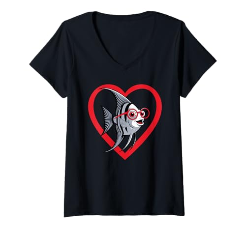 Damen Herz Skalare Brille T-Shirt mit V-Ausschnitt Damen Herz Skalare Brille T-Shirt mit V-Ausschnitt von Fishkeeping Fishkeeper Gifts