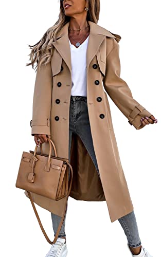 Damen Zweireihiger Langer Trenchcoat Winddichter Klassischer Revers Gürtel Übermantel mit Taschen, khaki, Small von Fisoew