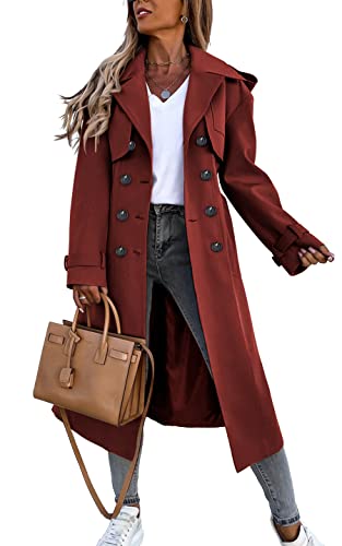 Damen Zweireihiger Langer Trenchcoat Winddichter Klassischer Revers Gürtel Übermantel mit Taschen, weinrot, Small von Fisoew