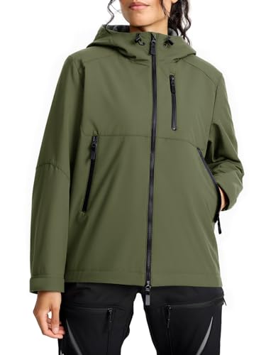 Fiosew Damen Wasserdicht Regenjacke Outdoor Fleecejacke Winddichte Softshelljacke Leicht Übergangsjacke Funktionsjacke mit Kapuze Armeegrün M von Fisoew