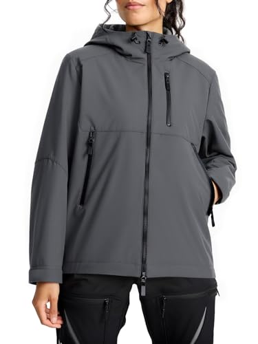 Fiosew Damen Wasserdicht Regenjacke Outdoor Fleecejacke Winddichte Softshelljacke Leicht Übergangsjacke Funktionsjacke mit Kapuze Dunkelgrau M von Fisoew