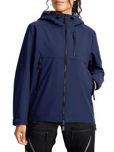 Fiosew Damen Wasserdicht Regenjacke Outdoor Fleecejacke Winddichte Softshelljacke Leicht Übergangsjacke Funktionsjacke mit Kapuze Marineblau XXL von Fisoew