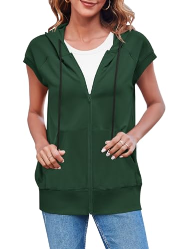 Fisoew Ärmellose Damen-Kapuzenpullover mit Reißverschluss, lockere Passform, Kordelzug, Sweatshirts, leichte Jacke, Weste mit Taschen, Grün, S von Fisoew