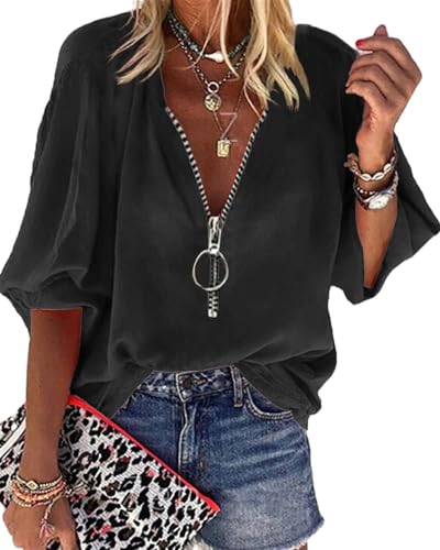 Fisoew Damen Bluse V-Ausschnitt Langarm Shirts Halbem Reißverschluss 3/4 Ärmel Oberteile Laternenhülse Lässig Einfarbig(Schwarz,S) von Fisoew