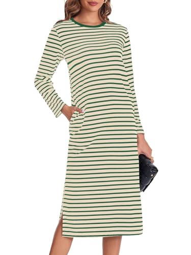 Fisoew Damen Gestreifte Maxikleider Herbstkleid Langarm T Shirt Kleider Rundhalsausschnitt Lässiges Freizeitkleid mit Taschen.Grün.L von Fisoew