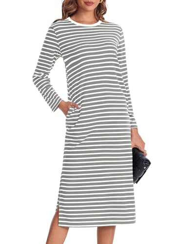 Fisoew Damen Gestreifte Maxikleider Herbstkleid Langarm T Shirt Kleider Rundhalsausschnitt Lässiges Freizeitkleid mit Taschen.Hellgrau.L von Fisoew