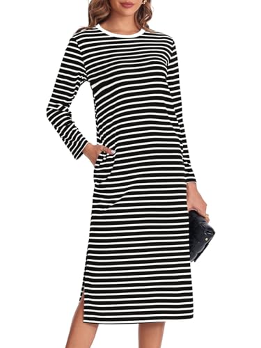 Fisoew Damen Gestreifte Maxikleider Herbstkleid Langarm T Shirt Kleider Rundhalsausschnitt Lässiges Freizeitkleid mit Taschen.Schwarz.XS von Fisoew