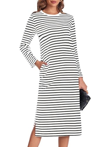 Fisoew Damen Gestreifte Maxikleider Herbstkleid Langarm T Shirt Kleider Rundhalsausschnitt Lässiges Freizeitkleid mit Taschen.Weiß.M von Fisoew