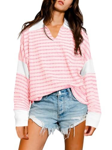 Fisoew Damen Gestreiftes Langarmshirt Oversize T-Shirt mit V Ausschnitt Patchwork Oberteil(Rosa,L) von Fisoew