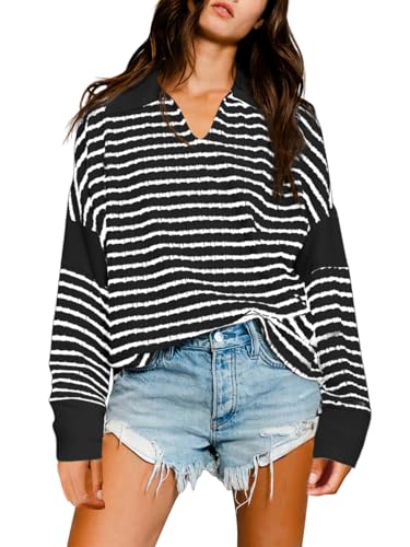 Fisoew Damen Gestreiftes Langarmshirt Oversize T-Shirt mit V Ausschnitt Patchwork Oberteil(Schwarz,S) von Fisoew