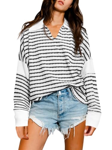 Fisoew Damen Gestreiftes Langarmshirt Oversize T-Shirt mit V Ausschnitt Patchwork Oberteil(Weiß,L) von Fisoew