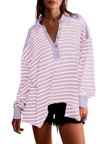 Fisoew Damen Gestreiftes Langarmshirt Oversize V Ausschnitt T-Shirt mit Knöpfe Casual Oberteil(Rosa,M) von Fisoew