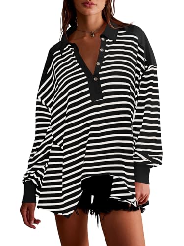 Fisoew Damen Gestreiftes Langarmshirt Oversize V Ausschnitt T-Shirt mit Knöpfe Casual Oberteil(Schwarz,M) von Fisoew