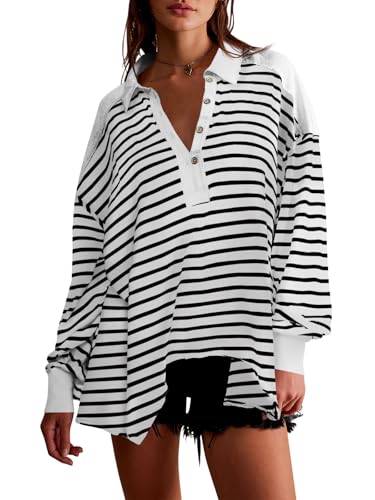 Fisoew Damen Gestreiftes Langarmshirt Oversize V Ausschnitt T-Shirt mit Knöpfe Casual Oberteil(Weiß,M) von Fisoew