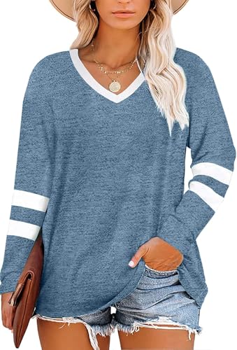 Fisoew Damen Große Größen Langarmshirt Oversize Gestreifte Farbblock Langarm Tops Plus Size V-Ausschnitt T-Shirt Tunika Oberteile,Blau,5XL von Fisoew