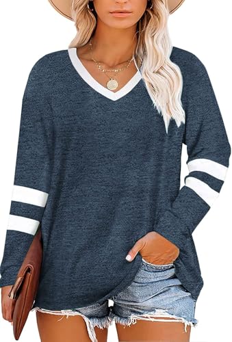 Fisoew Damen Große Größen Langarmshirt Oversize Gestreifte Farbblock Langarm Tops Plus Size V-Ausschnitt T-Shirt Tunika Oberteile,Dunkelblau,5XL von Fisoew