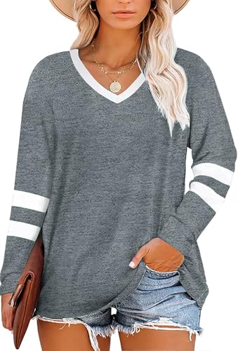 Fisoew Damen Große Größen Langarmshirt Oversize Gestreifte Farbblock Langarm Tops Plus Size V-Ausschnitt T-Shirt Tunika Oberteile,Grau,4XL von Fisoew