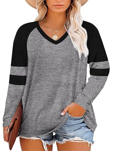 Fisoew Damen Große Größen Langarmshirt Oversize Gestreifte Farbblock Langarm Tops Plus Size V-Ausschnitt T-Shirt Tunika Oberteile,Grau-1,3XL von Fisoew
