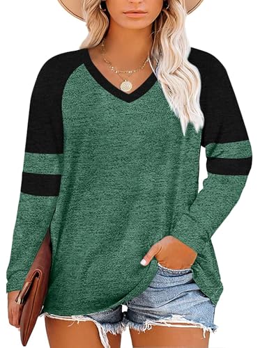 Fisoew Damen Große Größen Langarmshirt Oversize Gestreifte Farbblock Langarm Tops Plus Size V-Ausschnitt T-Shirt Tunika Oberteile,Grün,4XL von Fisoew