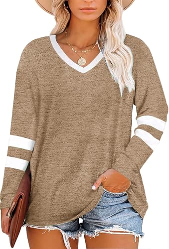 Fisoew Damen Große Größen Langarmshirt Oversize Gestreifte Farbblock Langarm Tops Plus Size V-Ausschnitt T-Shirt Tunika Oberteile,Khaki,3XL von Fisoew
