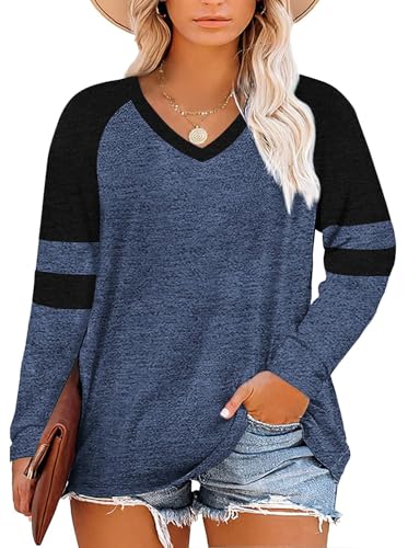 Fisoew Damen Große Größen Langarmshirt Oversize Gestreifte Farbblock Langarm Tops Plus Size V-Ausschnitt T-Shirt Tunika Oberteile,Marineblau,5XL von Fisoew
