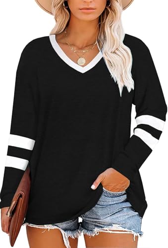 Fisoew Damen Große Größen Langarmshirt Oversize Gestreifte Farbblock Langarm Tops Plus Size V-Ausschnitt T-Shirt Tunika Oberteile,Schwarz,2XL von Fisoew