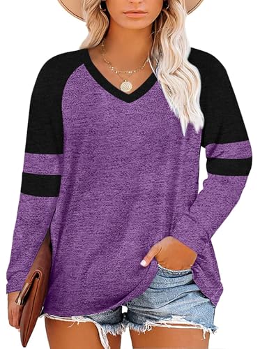 Fisoew Damen Große Größen Langarmshirt Oversize Gestreifte Farbblock Langarm Tops Plus Size V-Ausschnitt T-Shirt Tunika Oberteile,Violett,2XL von Fisoew