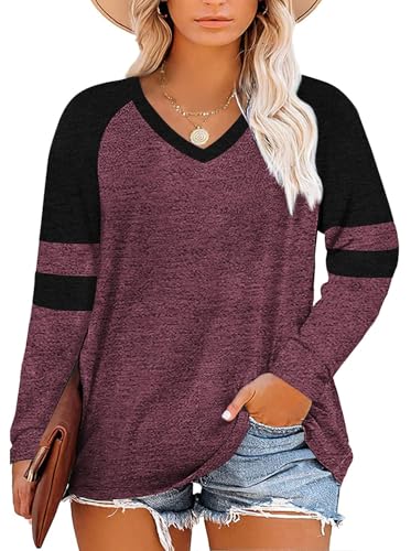 Fisoew Damen Große Größen Langarmshirt Oversize Gestreifte Farbblock Langarm Tops Plus Size V-Ausschnitt T-Shirt Tunika Oberteile,Weinrot,5XL von Fisoew