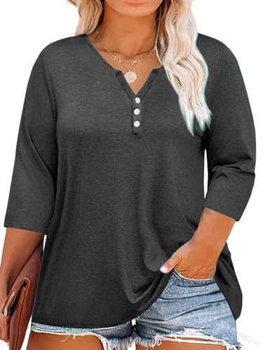 Fisoew Damen Große Größen Bluse 3/4 Ärmel Blusenshirt Tiefer V-Ausschnitt T-Shirt mit Knopf Oversized Tunika Shirts(Dunkelgrau, XXXXL) von Fisoew