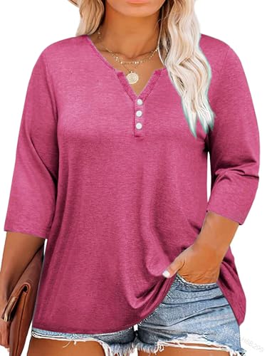 Fisoew Damen Große Größen Bluse 3/4 Ärmel Blusenshirt Tiefer V-Ausschnitt T-Shirt mit Knopf Oversized Tunika Shirts(Rosa, XXL) von Fisoew