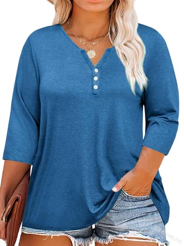 Fisoew Damen Große Größen Bluse 3/4 Ärmel Blusenshirt Tiefer V-Ausschnitt T-Shirt mit Knopf Oversized Tunika Shirts(Navy, XXL) von Fisoew