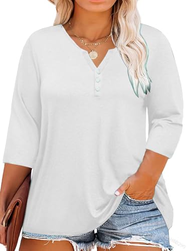 Fisoew Damen Große Größen Bluse 3/4 Ärmel Blusenshirt Tiefer V-Ausschnitt T-Shirt mit Knopf Oversized Tunika Shirts(1-Weiß, XXXXL) von Fisoew