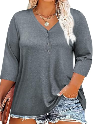 Fisoew Damen Große Größen Bluse 3/4 Ärmel Blusenshirt Tiefer V-Ausschnitt T-Shirt mit Knopf Oversized Tunika Shirts(Grau, L) von Fisoew