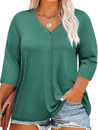 Fisoew Damen Große Größen Bluse 3/4 Ärmel Blusenshirt Tiefer V-Ausschnitt T-Shirt mit Knopf Oversized Tunika Shirts(Grün, L) von Fisoew