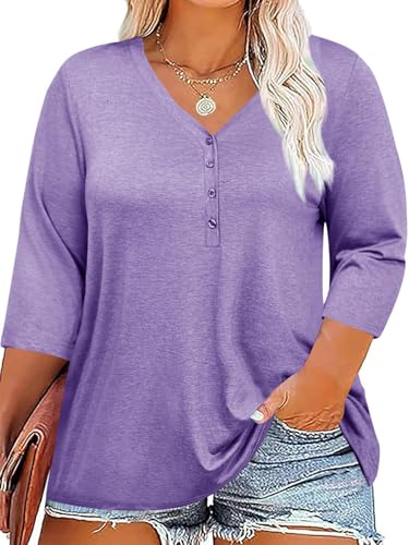 Fisoew Damen Große Größen Bluse 3/4 Ärmel Blusenshirt Tiefer V-Ausschnitt T-Shirt mit Knopf Oversized Tunika Shirts(Lila, L) von Fisoew