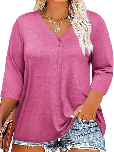 Fisoew Damen Große Größen Bluse 3/4 Ärmel Blusenshirt Tiefer V-Ausschnitt T-Shirt mit Knopf Oversized Tunika Shirts(Rosa, XXXXL) von Fisoew