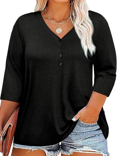 Fisoew Damen Große Größen T-Shirt 3/4 Ärmel Tops V-Ausschnitt Oberteil mit Knopf Oversize Kurzarm Shirts (Schwarz, XL) von Fisoew