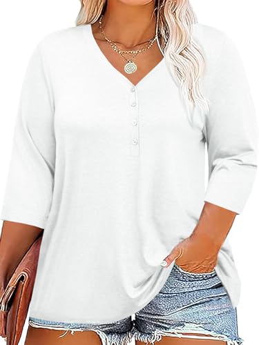 Fisoew Damen Große Größen Bluse 3/4 Ärmel Blusenshirt Tiefer V-Ausschnitt T-Shirt mit Knopf Oversized Tunika Shirts(Weiß, L) von Fisoew