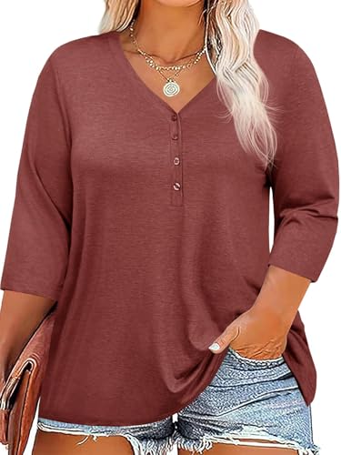 Fisoew Damen Große Größen Bluse 3/4 Ärmel Blusenshirt Tiefer V-Ausschnitt T-Shirt mit Knopf Oversized Tunika Shirts(Ziegelrot, XXXXL) von Fisoew