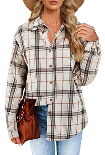 Fisoew Damen Langarm Karierte Blusen Flanell Button Down Jacken Casual Langarmshirts Beige M von Fisoew