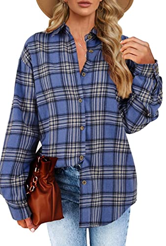 Fisoew Damen Langarm Karierte Blusen Flanell Button Down Jacken Casual Langarmshirts Blau XXL von Fisoew