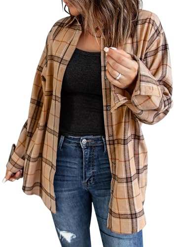 Fisoew Damen Langarm Karierte Blusen Flanell Button Down Jacken Casual Langarmshirts Hellbraun XXL von Fisoew