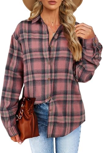 Fisoew Damen Langarm Karierte Blusen Flanell Button Down Jacken Casual Langarmshirts Rosa XXL von Fisoew