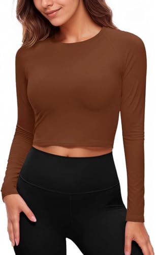 Fisoew Damen Langarm Sportshirt Rundhals Yoga Shirt Workout Crop Tops Slim Fit T-Shirts,Braun,M von Fisoew