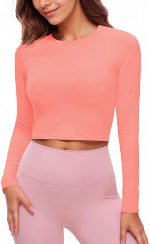 Fisoew Damen Langarm Sportshirt Rundhals Yoga Shirt Workout Crop Tops Slim Fit T-Shirts,Rosa,L von Fisoew