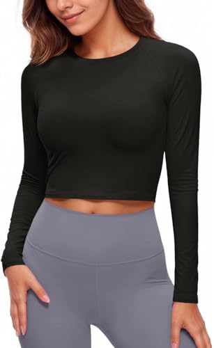 Fisoew Damen Langarm Sportshirt Rundhals Yoga Shirt Workout Crop Tops Slim Fit T-Shirts,Schwarz,M von Fisoew