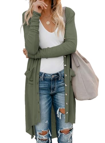 Fisoew Damen Langarm Strickjacke Lang Button Down Cardigan Knielang Open Front Strickpullover mit Taschen,Armeegrün,L von Fisoew