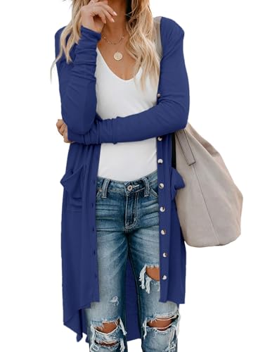 Fisoew Damen Langarm Strickjacke Lang Button Down Cardigan Knielang Open Front Strickpullover mit Taschen,Marineblau,XL Fisoew Damen Langarm Strickjacke Lang Button Down Cardigan Knielang Open Front Strickpullover mit Taschen,Marineblau,XL von Fisoew