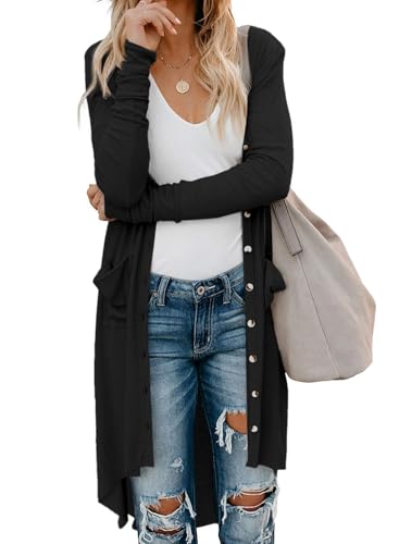 Fisoew Damen Langarm Strickjacke Lang Button Down Cardigan Knielang Open Front Strickpullover mit Taschen,Schwarz,XXL von Fisoew